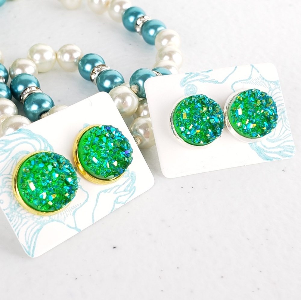 6/$20 Green Sparkle Druzy Flatback Earrings